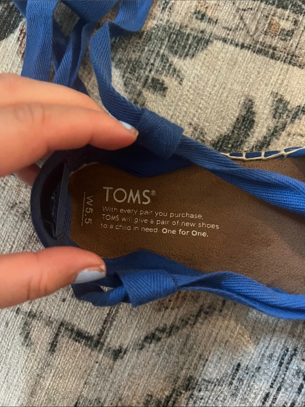 TOMS Blue and White Geometric Espadrille Lace-Up Flats